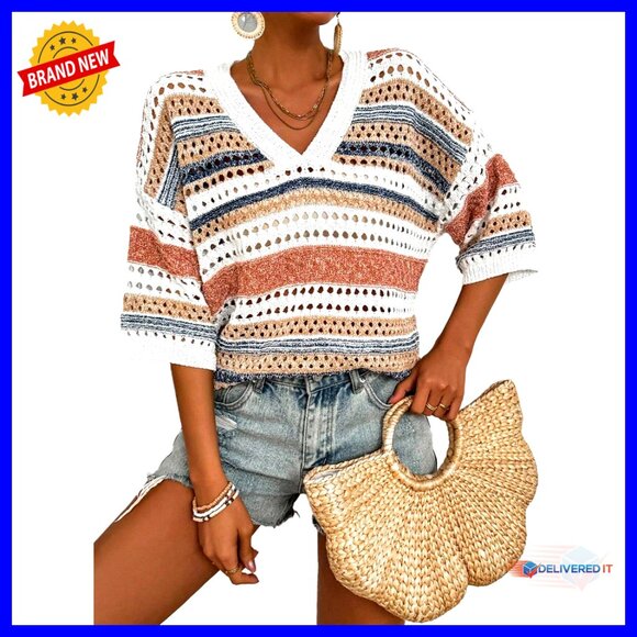 Crochet Knit Sweater Hollow Out Striped Top Oversized V-Neck Summer Beach Wear